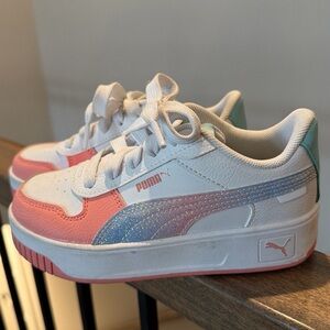 Puma Kids' White, Pink, and Blue Glitter Sneakers